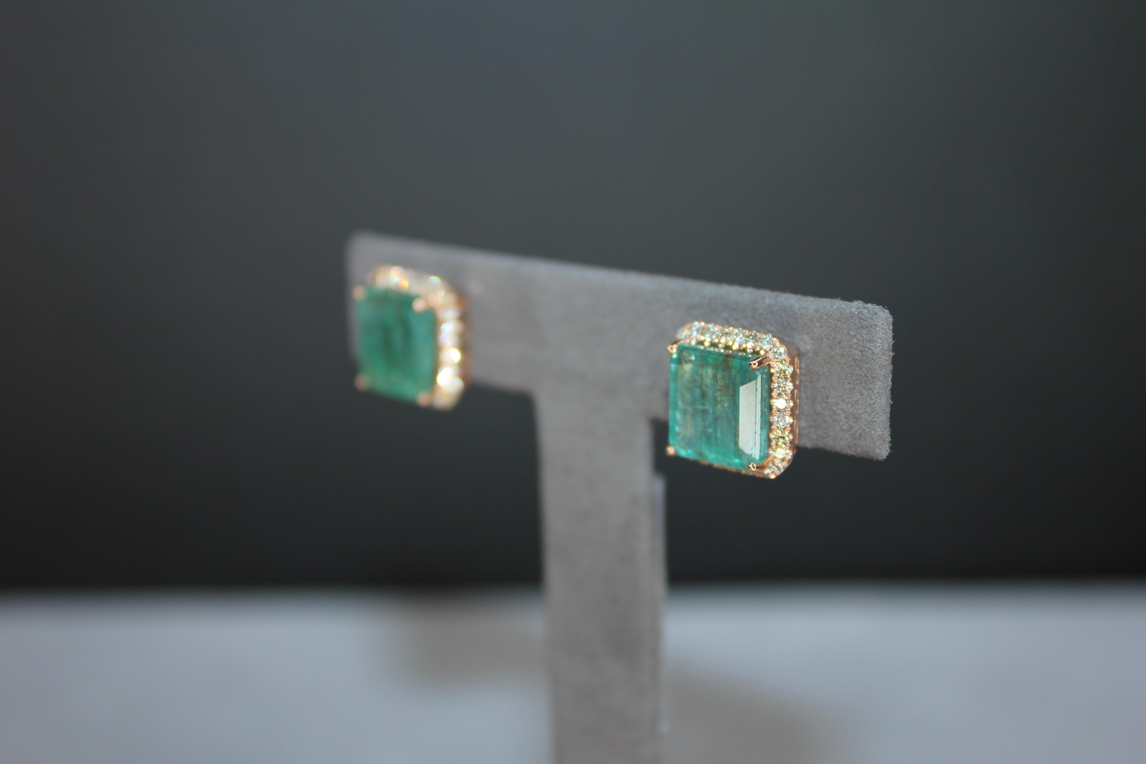 Emerald Cut Green Emerald Diamond Halo Stud 18K Rose Gold Earrings