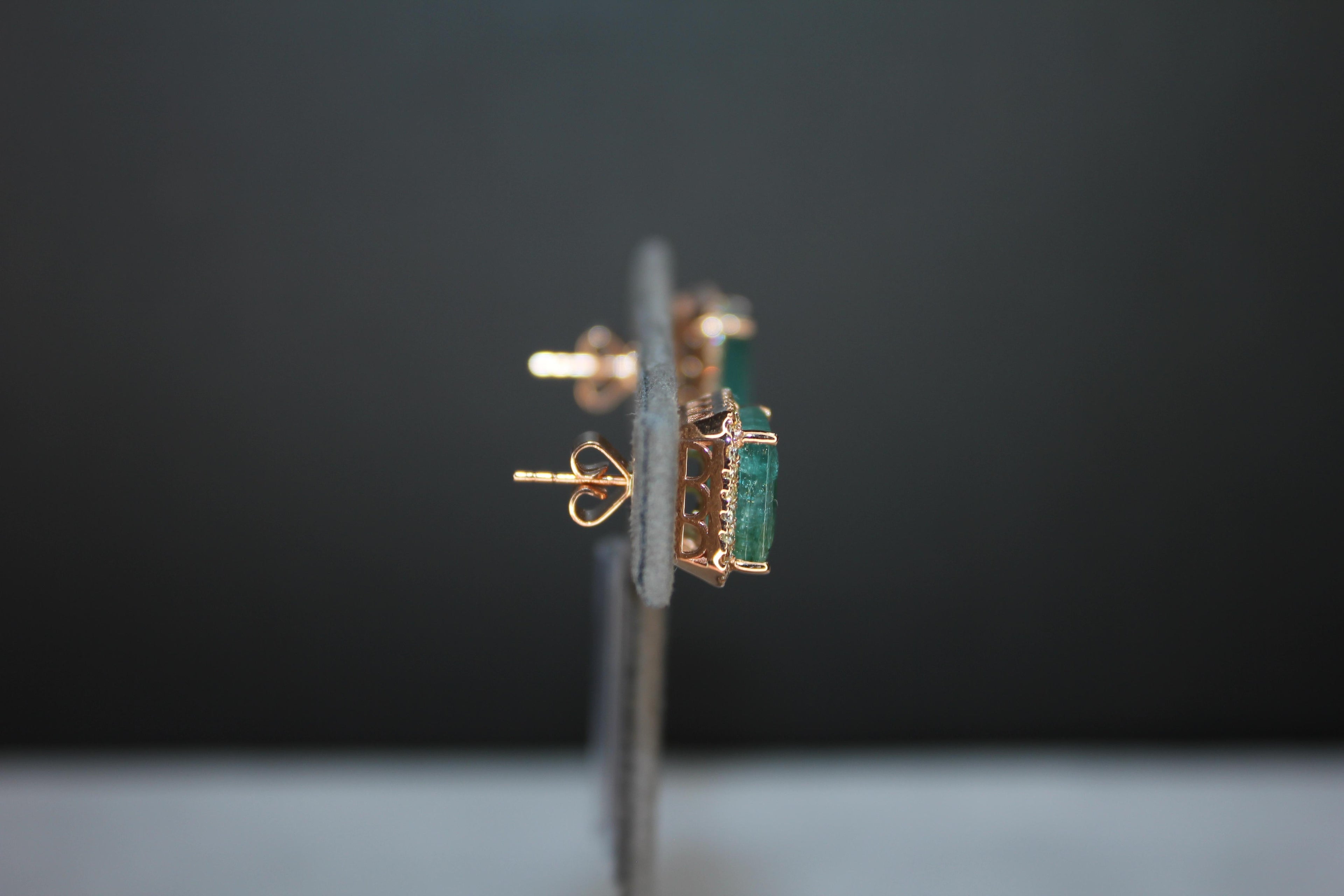 Emerald Cut Green Emerald Diamond Halo Stud 18K Rose Gold Earrings