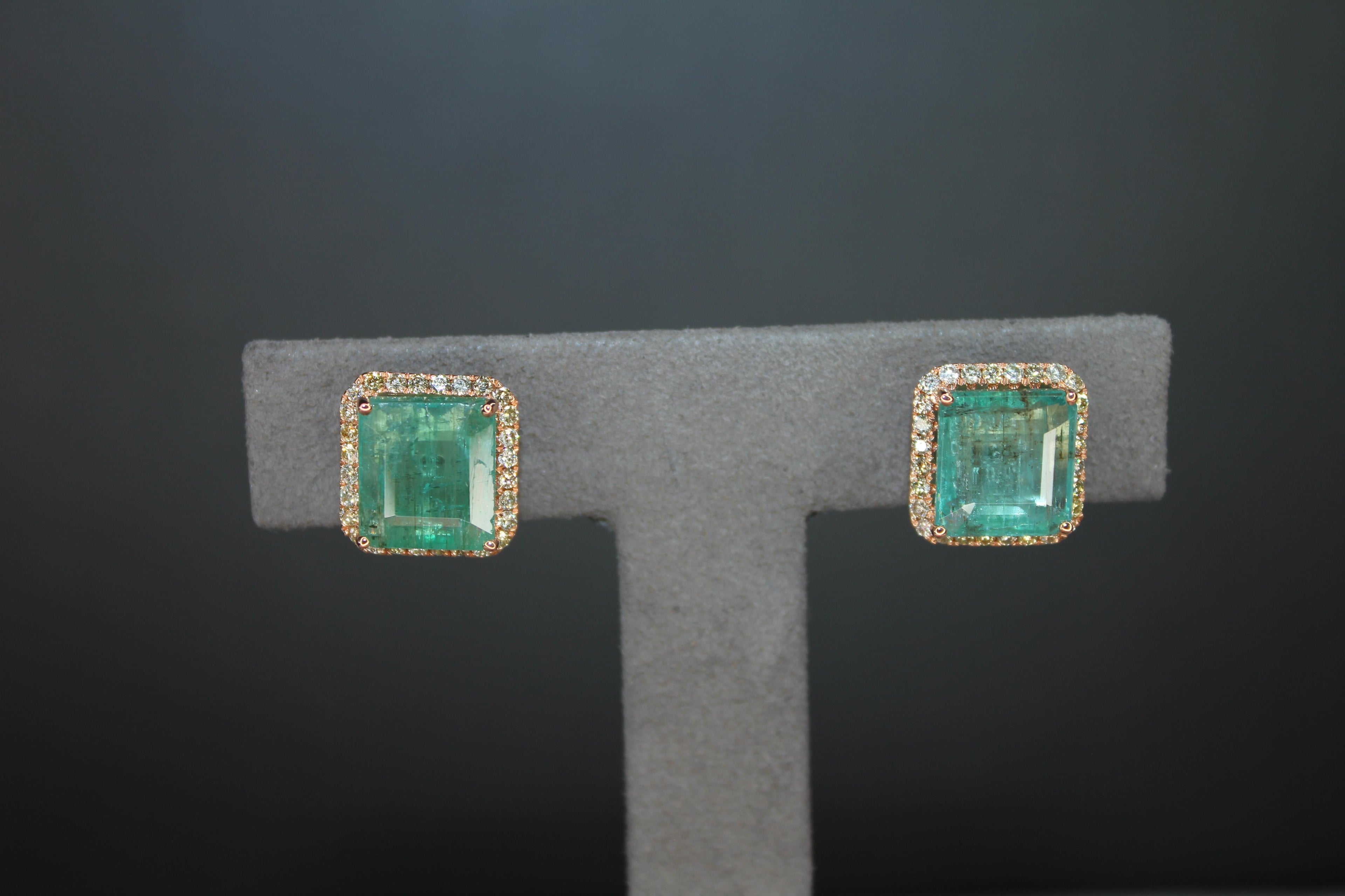 Emerald Cut Green Emerald Diamond Halo Stud 18K Rose Gold Earrings