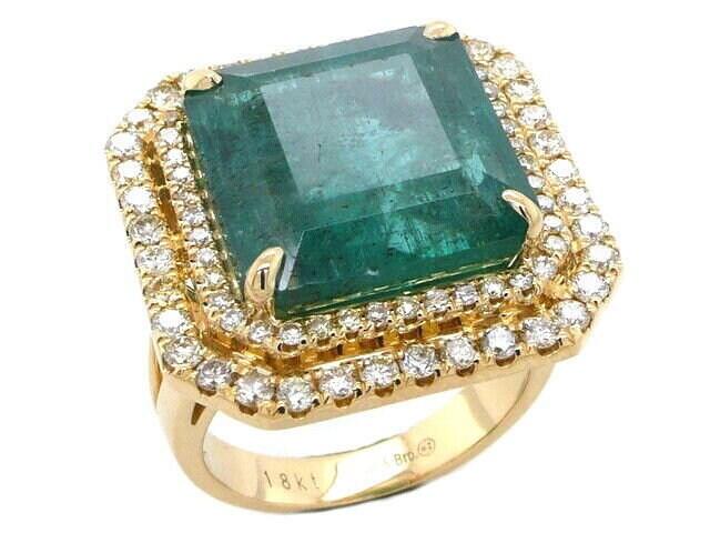 Emerald Diamond Double Halo Pave Cocktail Statement 18 Karat Yellow Gold Ring