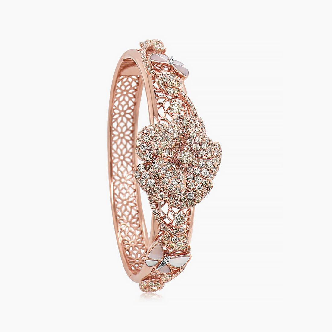 Fancy Diamond & White Pearl White Diamond Floral Butterfly Gold Bangle Bracelet