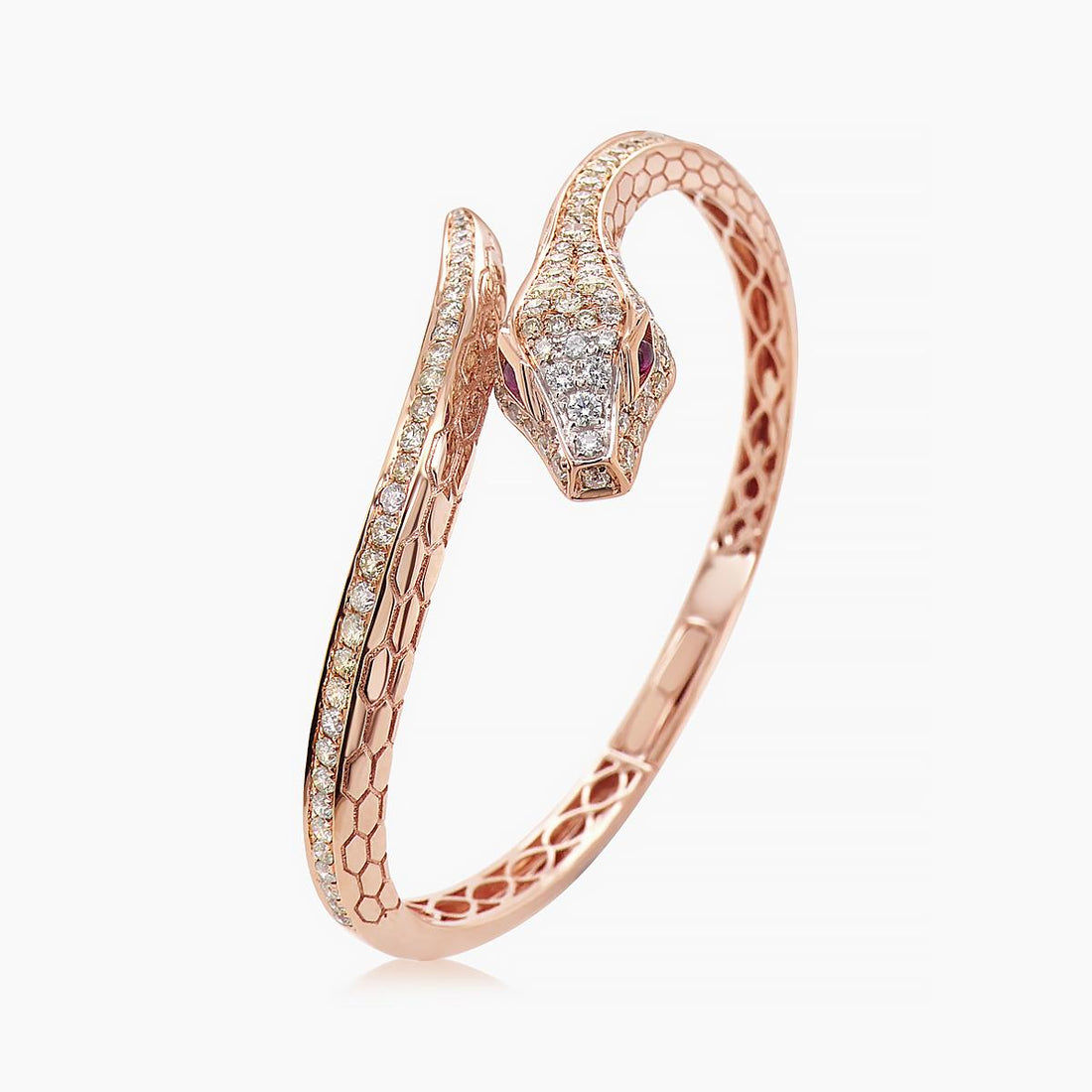 Fancy Diamond & Ruby & White Diamond 18K Rose Gold Snake Bangle Bracelet