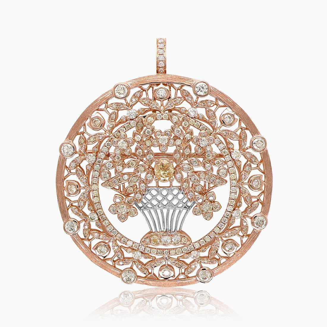 Blooming Vase Basket of Flowers Floral Prosperity Diamonds 18K Rose Gold Pendant