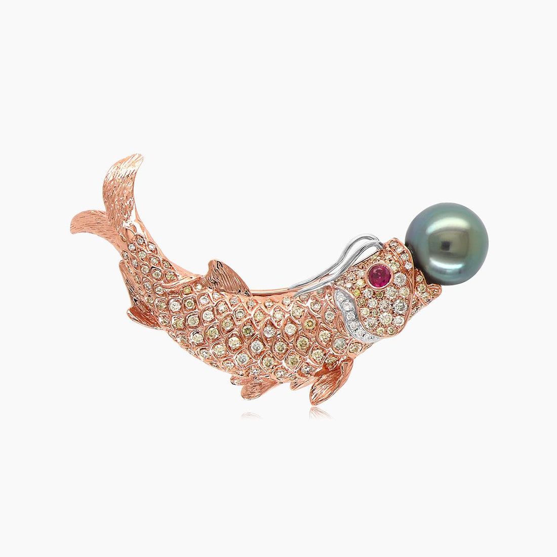 Sea Fish Diamond Pave & Black Pearl & Ruby 18K Rose Gold Pin Brooch