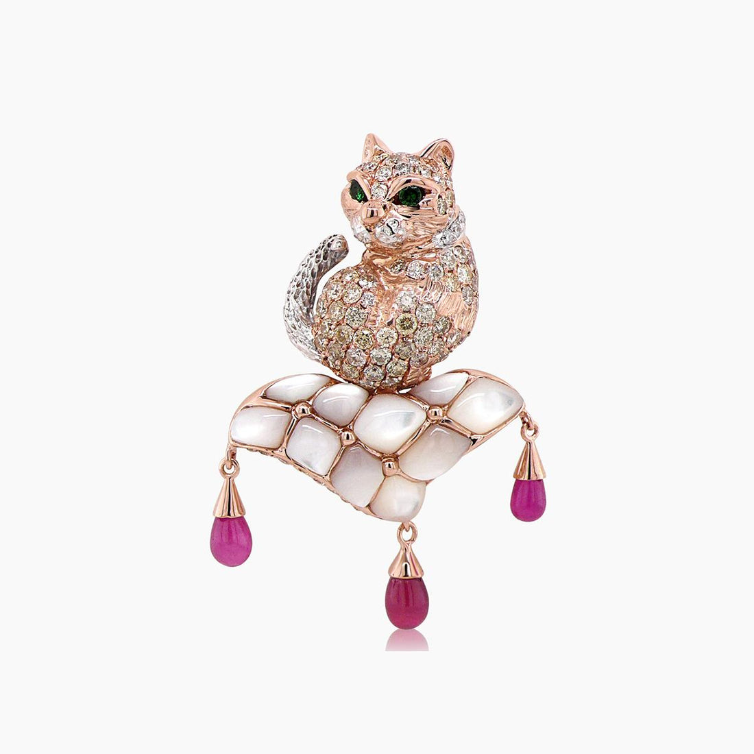 Cat Kitten Ruby & Diamond Pave & White Pearl 18K Rose Gold Pin Brooch