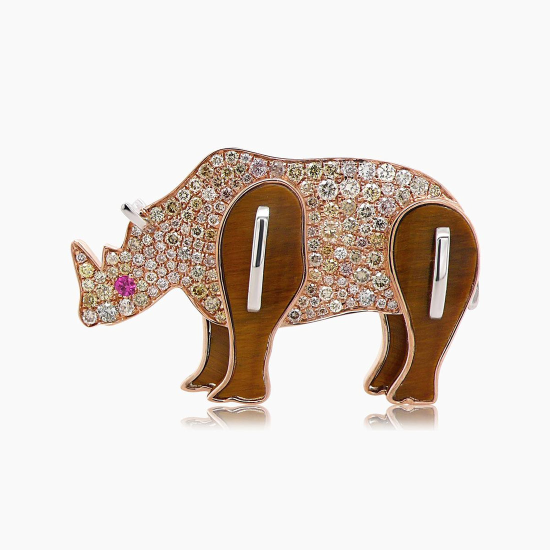 Rhino Fancy Diamond Ruby & Tiger Eye 18K Rose Gold Pin Brooch