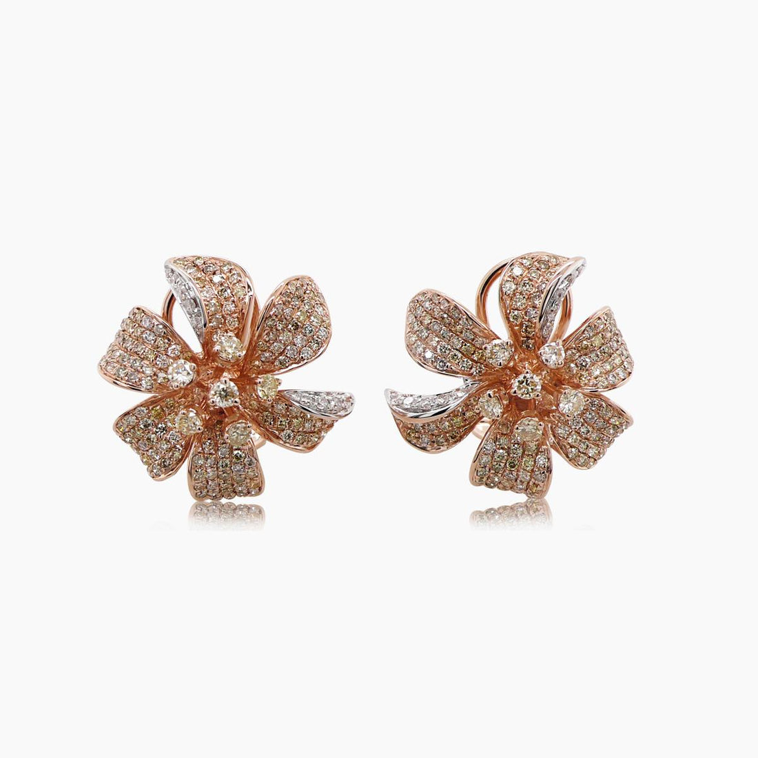 White & Fancy Diamond Pave Set Lilly Flower 18K White & Rose Gold Earrings