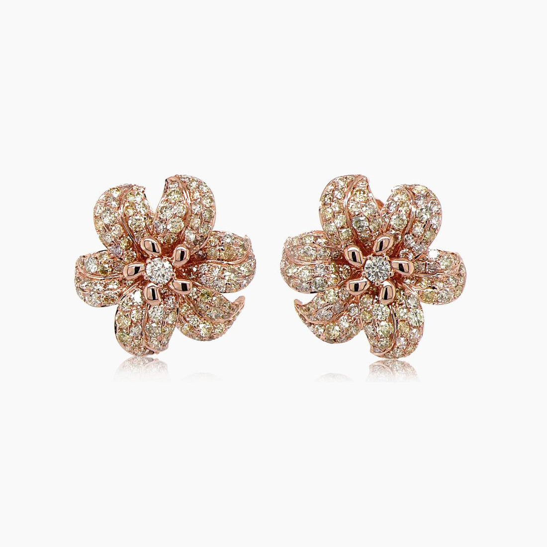 White & Fancy Diamond Pave Set Lilly Flower 18K Rose Gold Earrings
