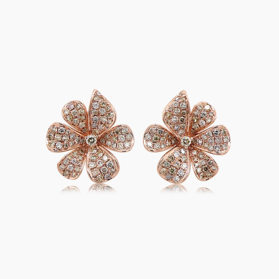 White & Fancy Diamond Pave Set Floral Flower 18K Rose Gold Earrings