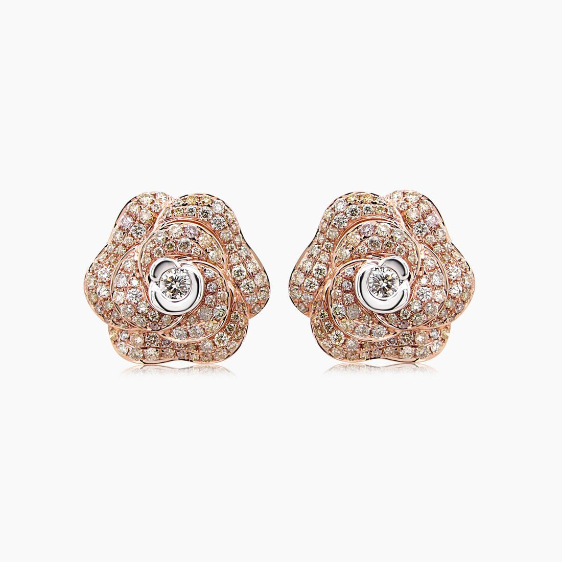 White & Fancy Diamond Pave Set Lilly Floral Flower 18K Rose Gold Earrings