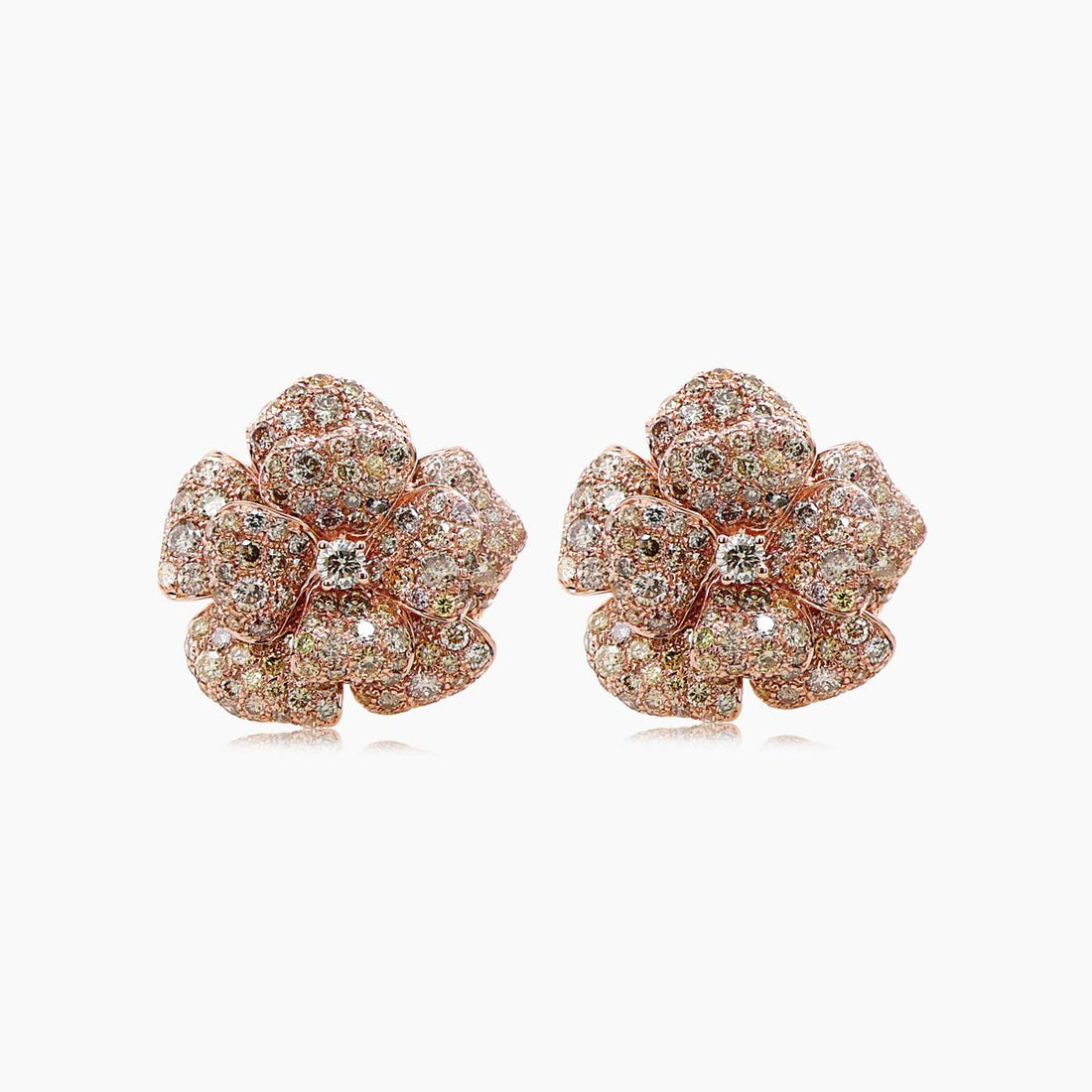 White & Fancy Diamond Pave Set Floral Flower 18K Rose Gold Earrings