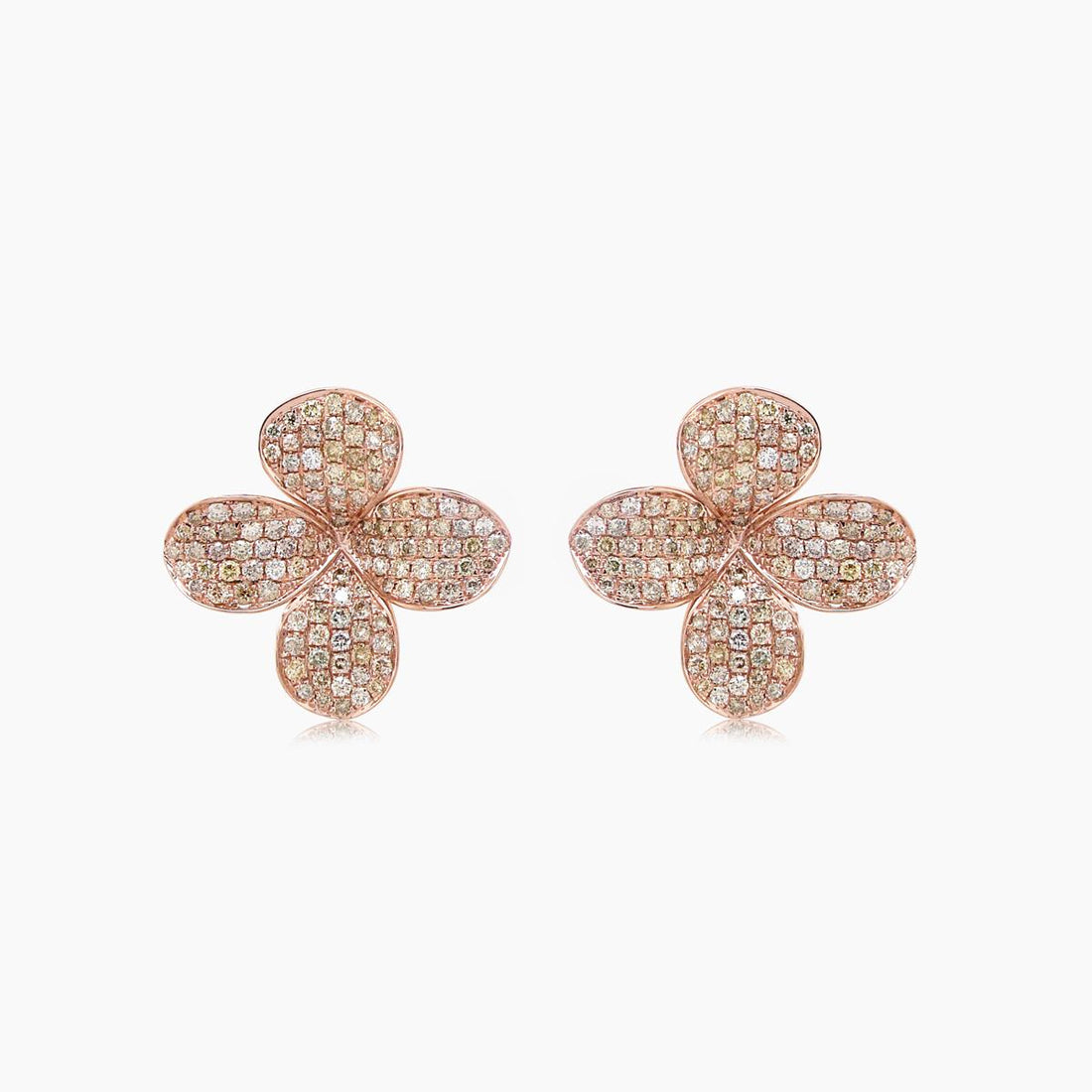 Fancy Diamond Pave Set Clover Petals 18K Rose Gold Earrings