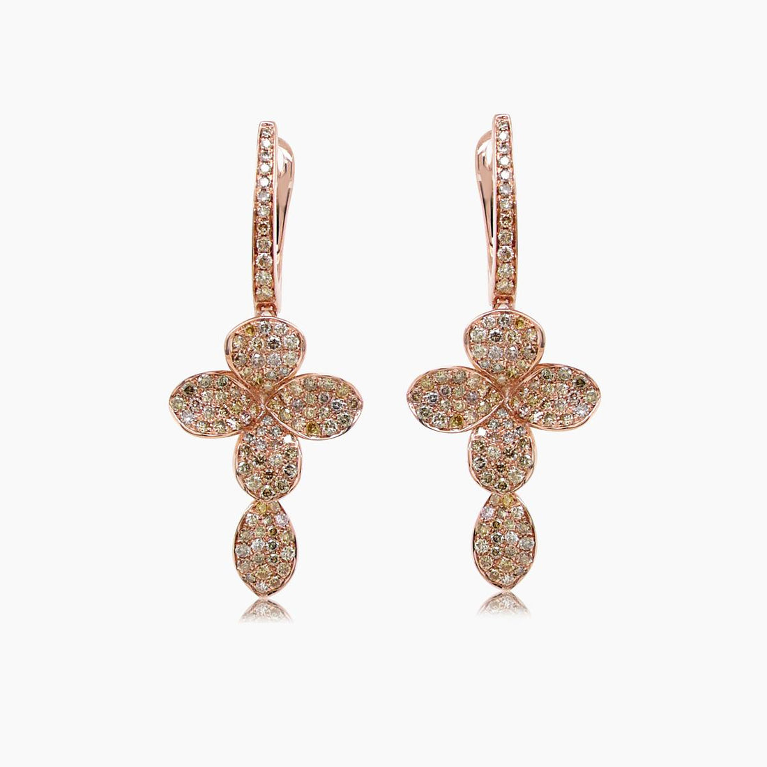 Fancy Diamond Pave Set Flower Petals 18K Rose Gold Cross Earrings