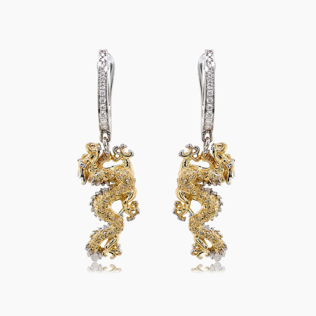 Fantasy Dragon Diamond Pave 18K Yellow & White Gold Animal Earrings