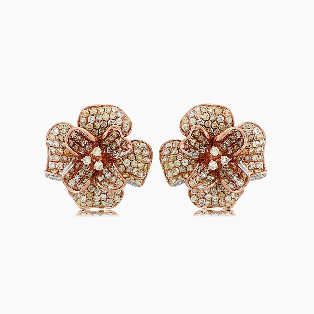 White & Fancy Diamond Pave Set Floral Flower 18K Rose Gold Earrings