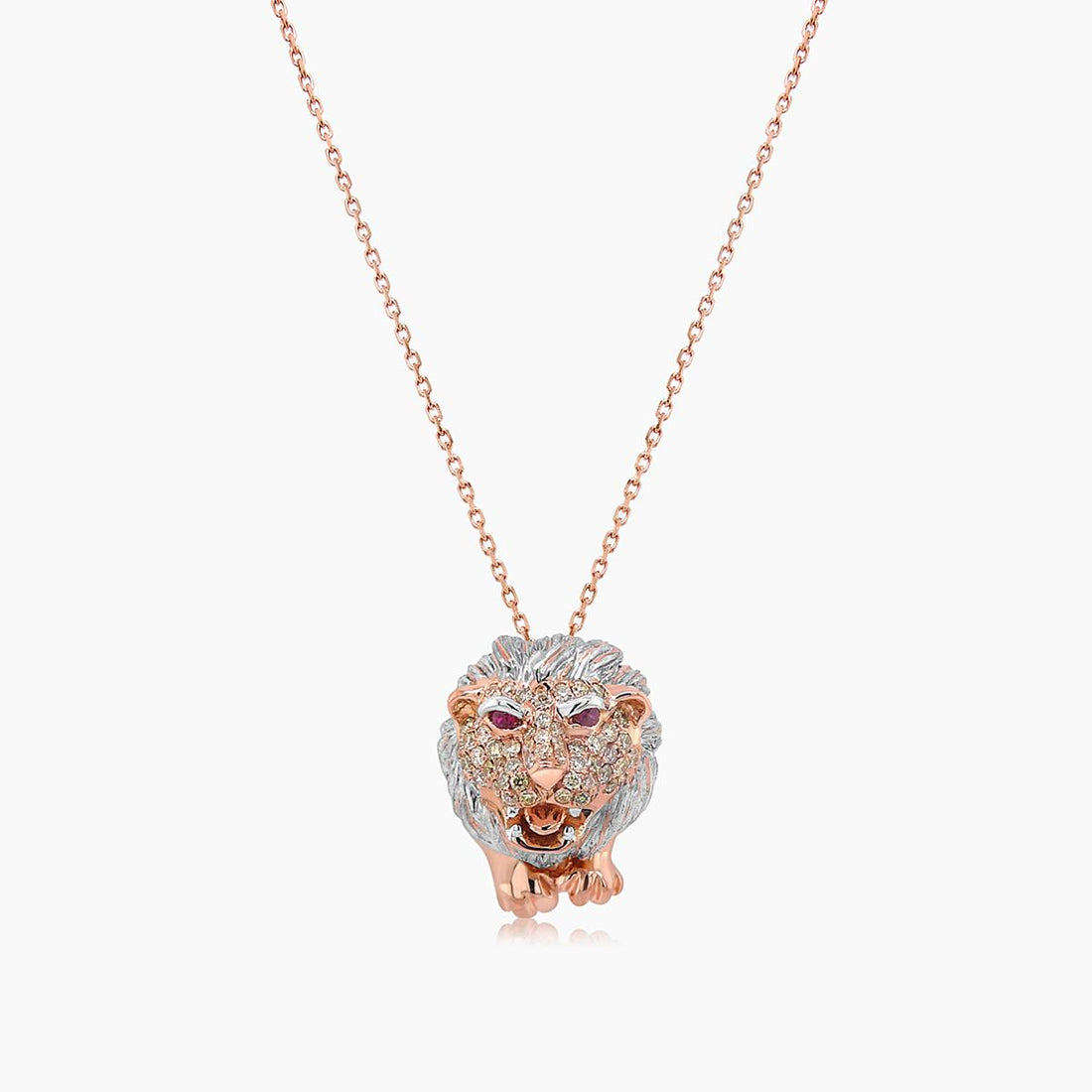 Lion Fancy Diamond Ruby 18K Rose Gold Pendant Necklace