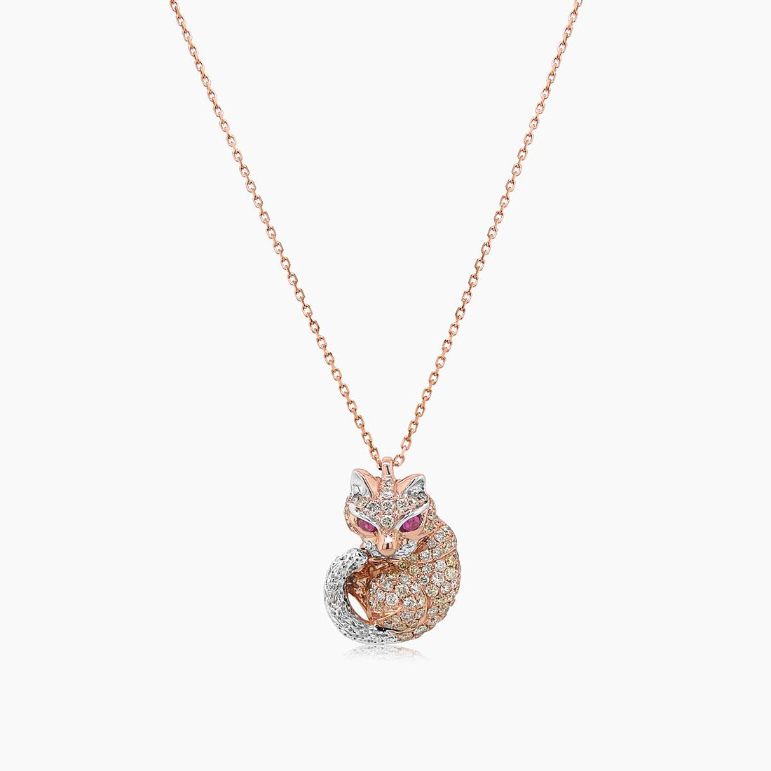Cat Kitten Ruby & Diamond Pave 18K Rose & White Gold Animal Pendant Necklace