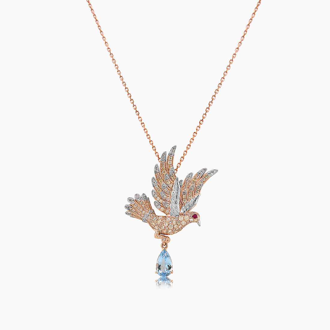 Aquamarine & Ruby & Diamond Pave Dove Bird 18K Two Tone Gold Pendant Necklace