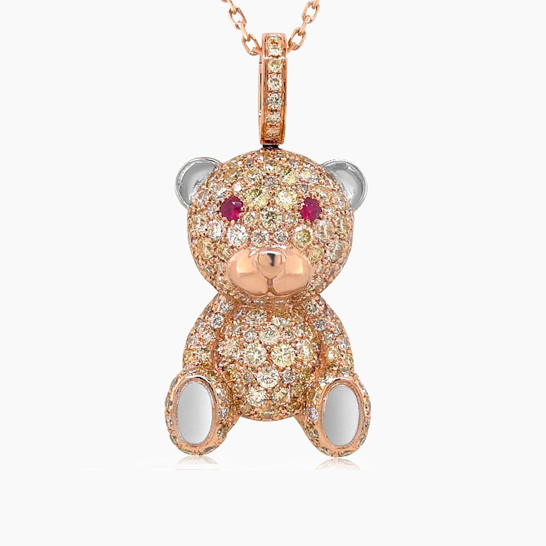 Fancy Diamond & Ruby 18K Rose Gold Teddy Bear Pendant Necklace
