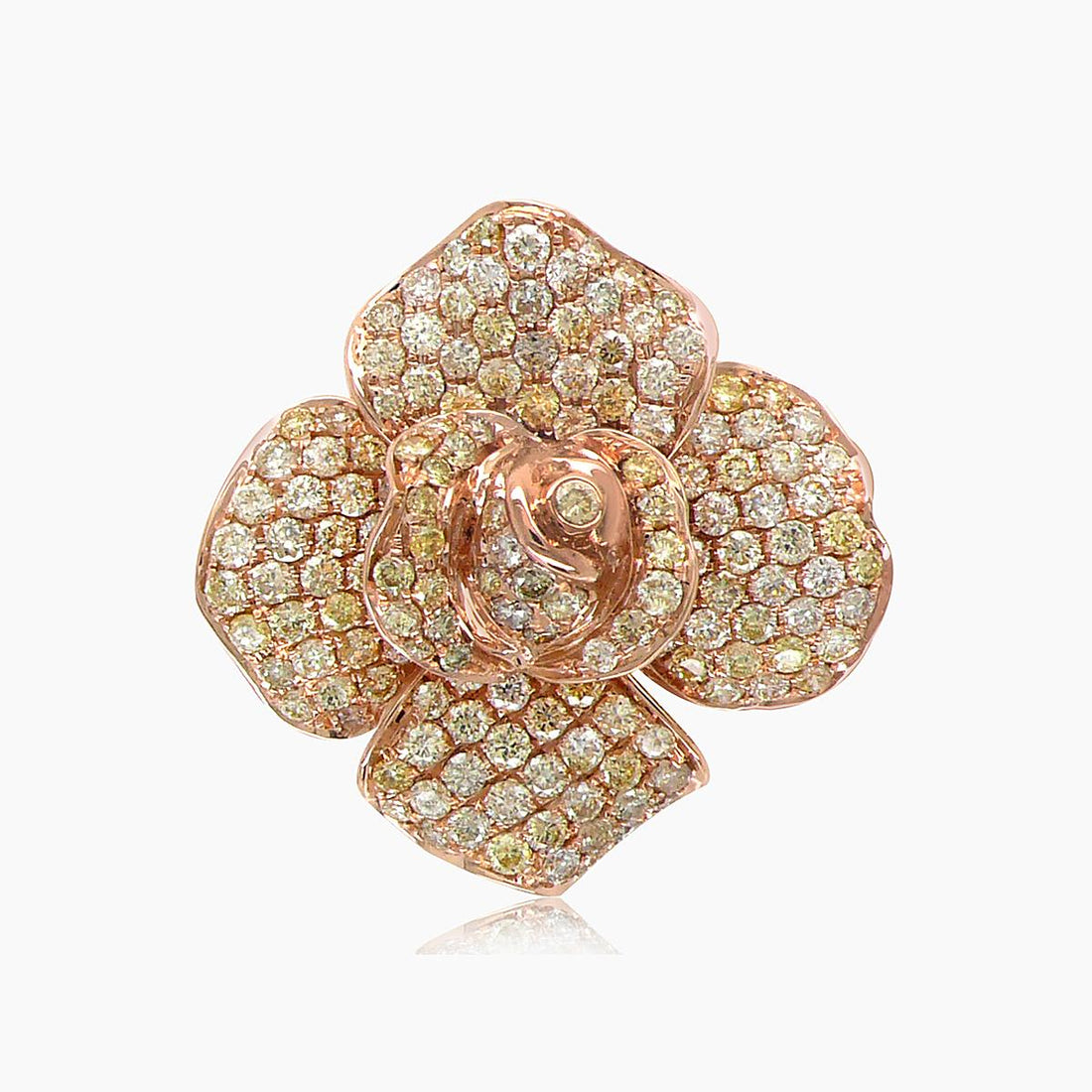 Fancy Diamond Pave Set Floral Flower 18K Gold Rose Design Ring