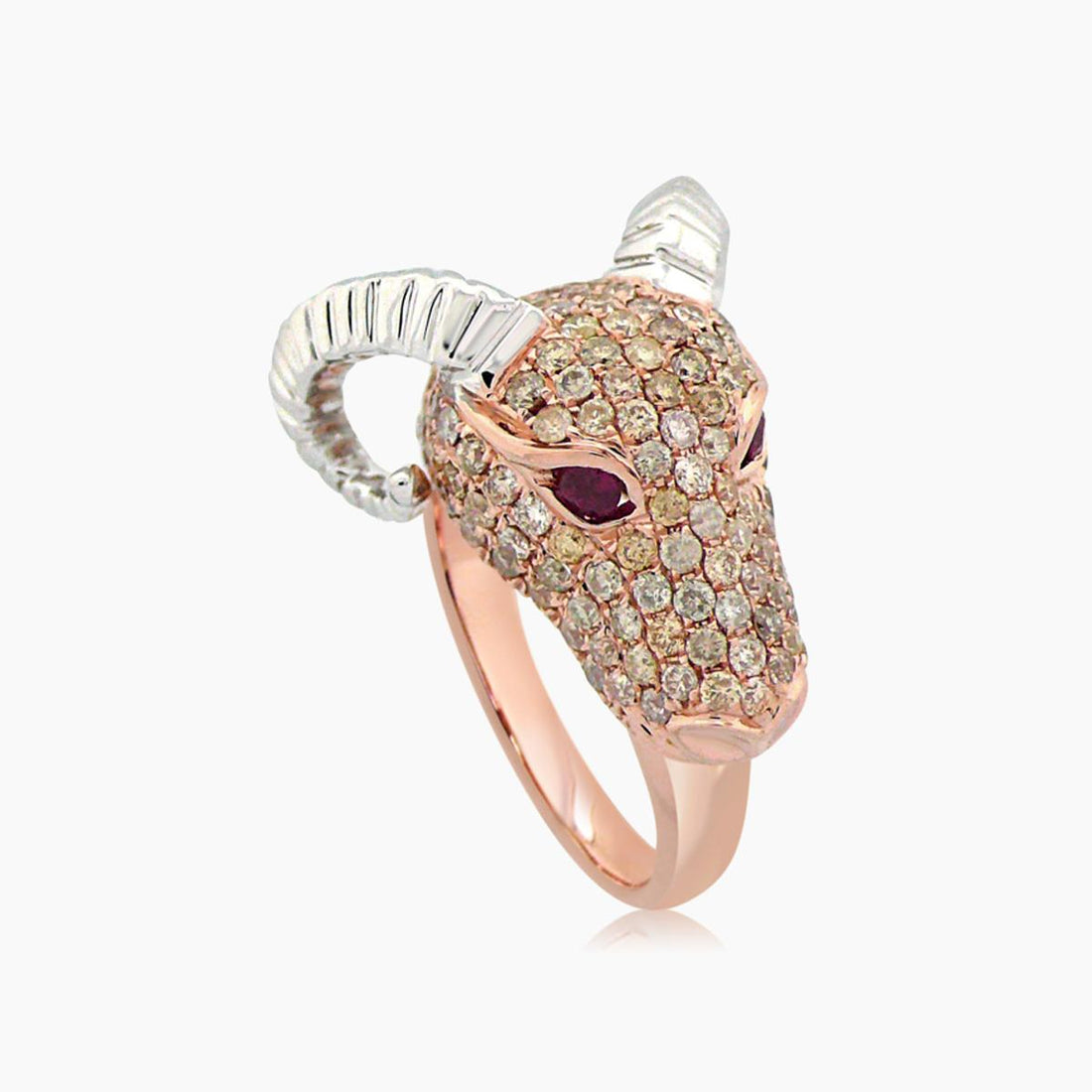 Ram Aries Animal Fancy Diamond Ruby 18K Rose & White Gold Ring