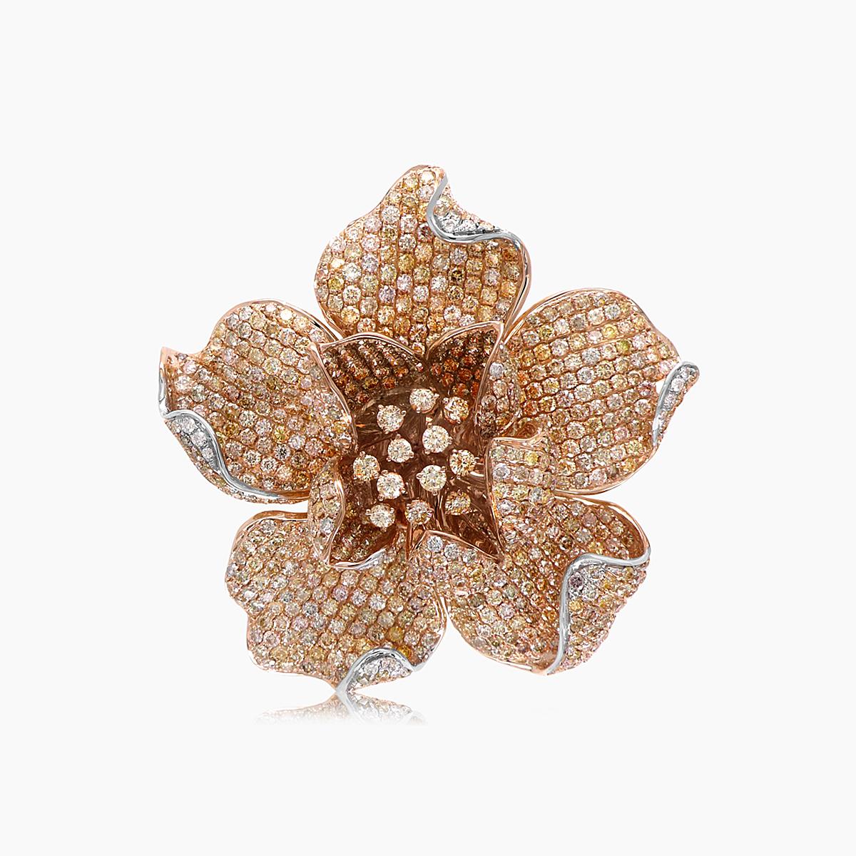 Fancy & White Diamond Pave Set Lilly Flower Floral 18K Rose Gold Ring