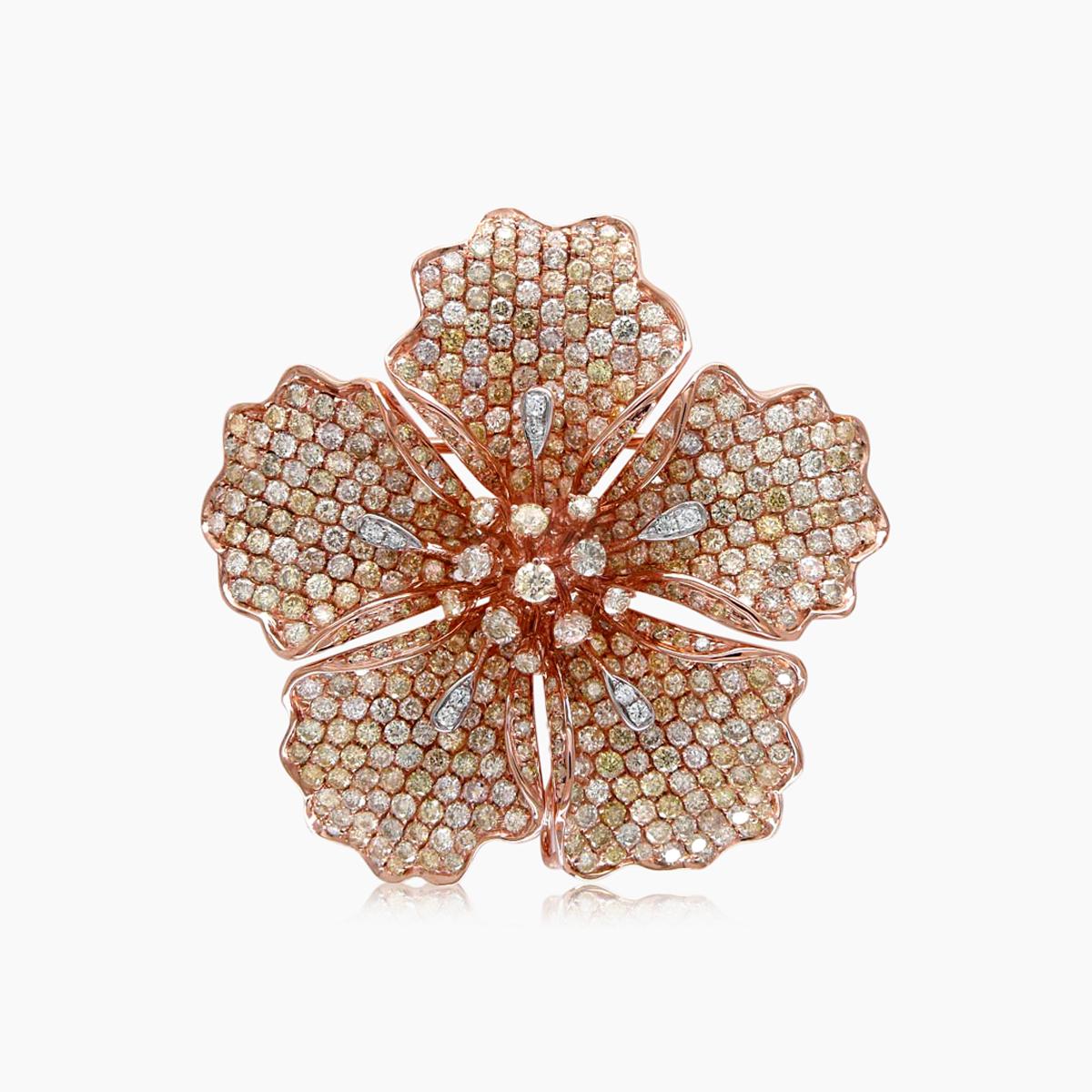 Fancy & White Diamond Pave Set Lilly Flower Floral 18K Rose Gold Ring