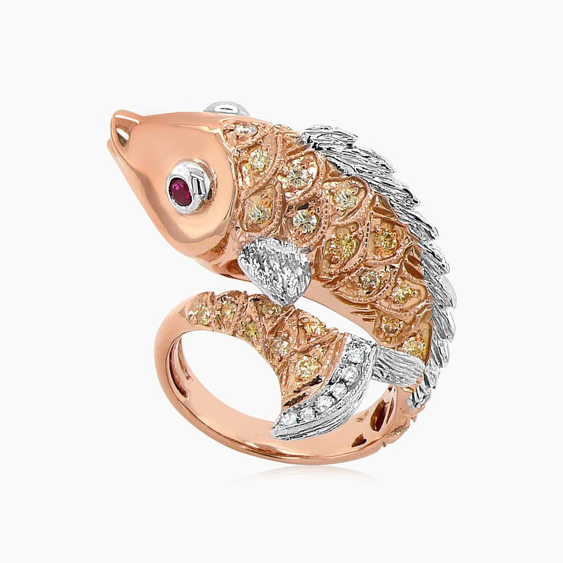 Sea Fish Diamond Pave & Ruby 18K Rose & White Gold Animal Ring