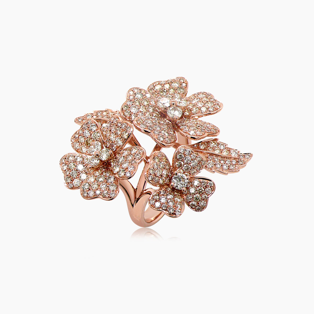 Fancy & White Diamond Pave Set Lilly Flower Floral 18K Rose Gold Ring