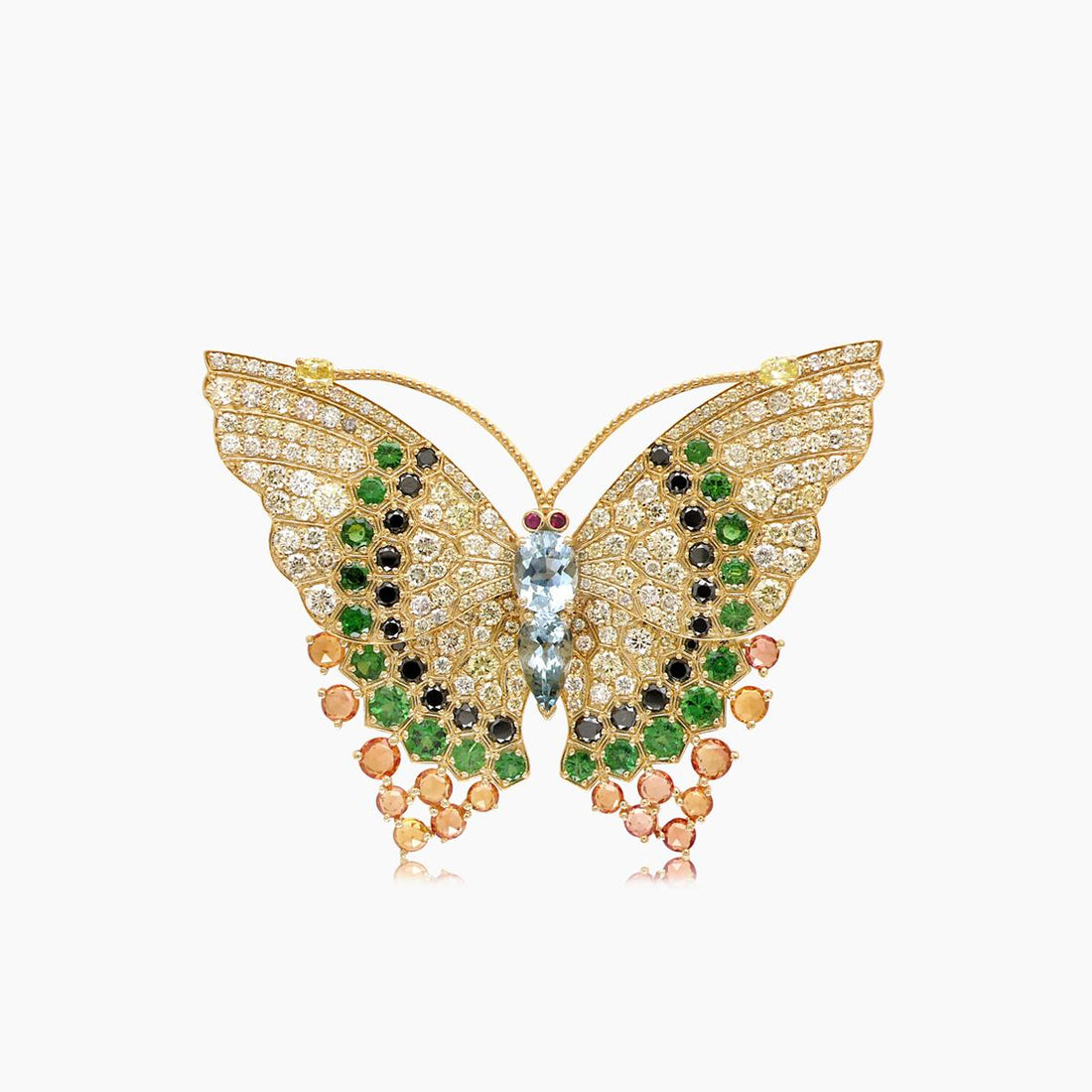Aquamarine & Green Garnet & Sapphire & Diamond Pave Butterfly Yellow Gold Ring