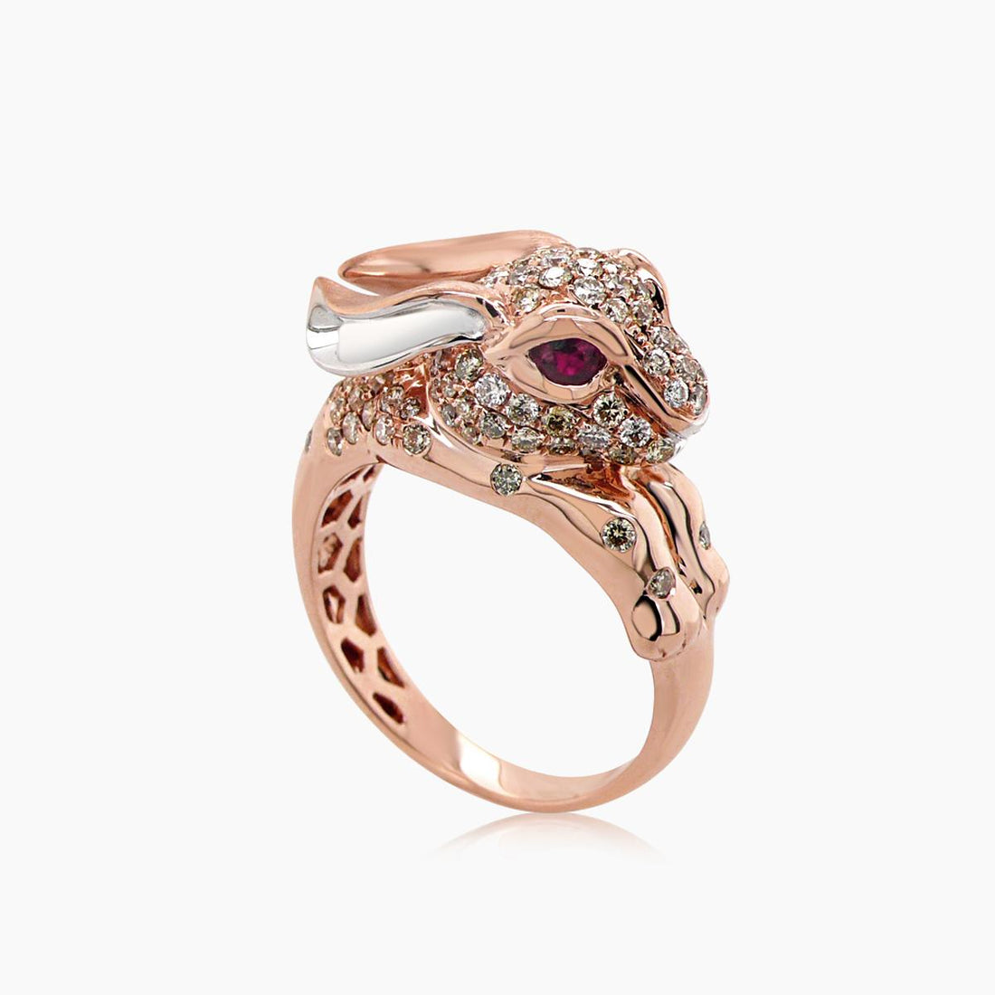 Rabbit Bunny Fancy Diamond Ruby 18K Rose Gold Ethnic Style Animal Ring