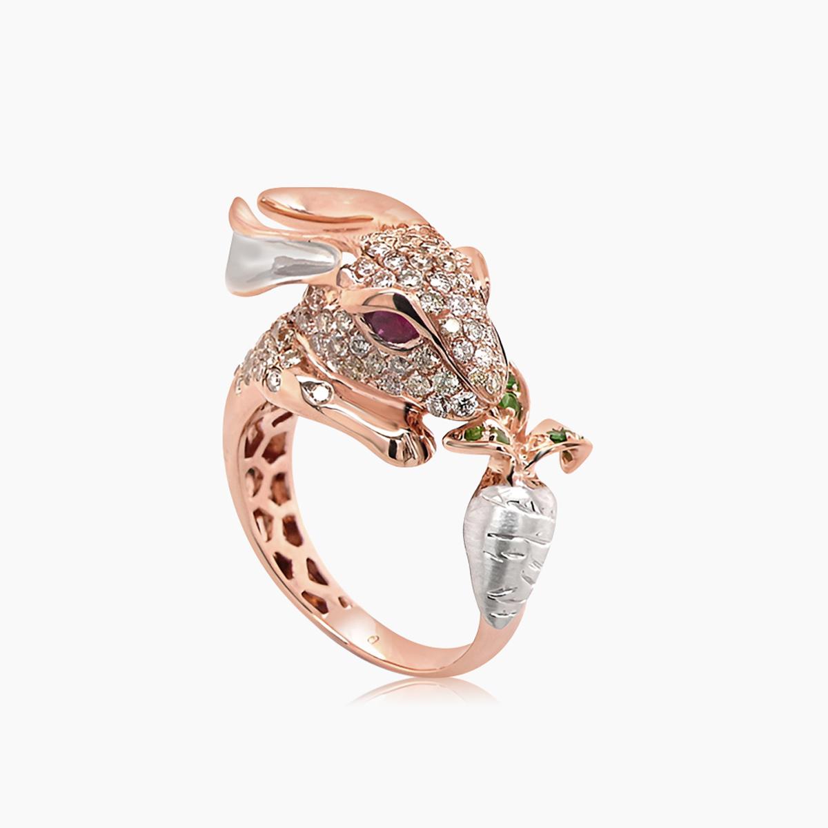 Rabbit Bunny Fancy Diamond Ruby & Garnet 18K Rose Gold Ring