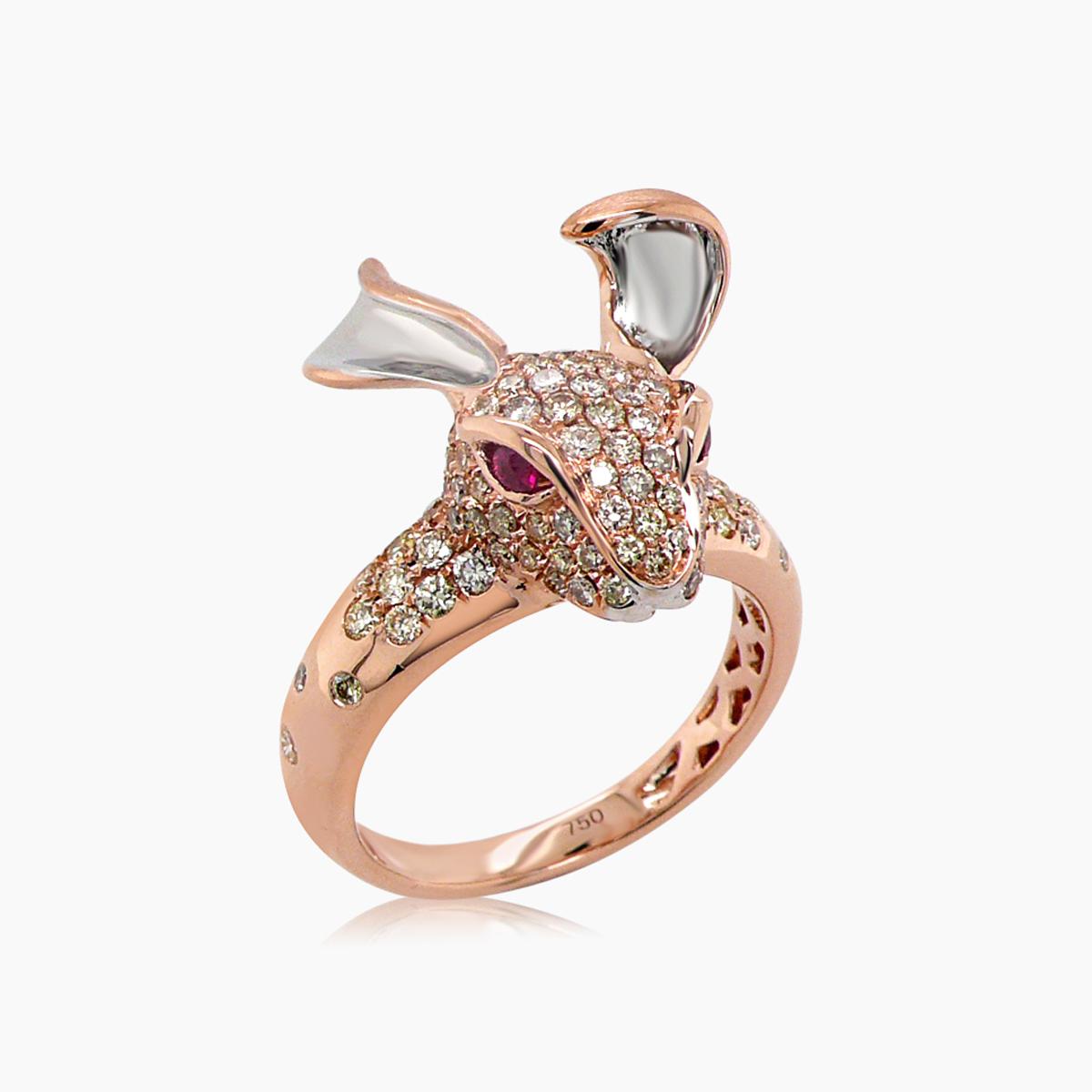 Rabbit Bunny Fancy Diamond & Ruby 18K Rose Gold Ring