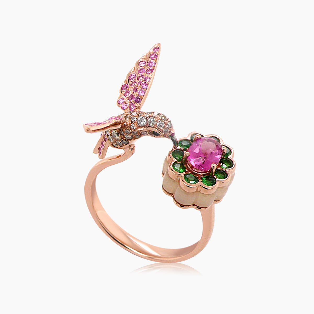 Pink Sapphire & Tourmaline & Diamond Pave Hummingbird 18K Rose Gold Ring