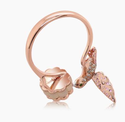 Pink Sapphire & Tourmaline & Diamond Pave Hummingbird 18K Rose Gold Ring