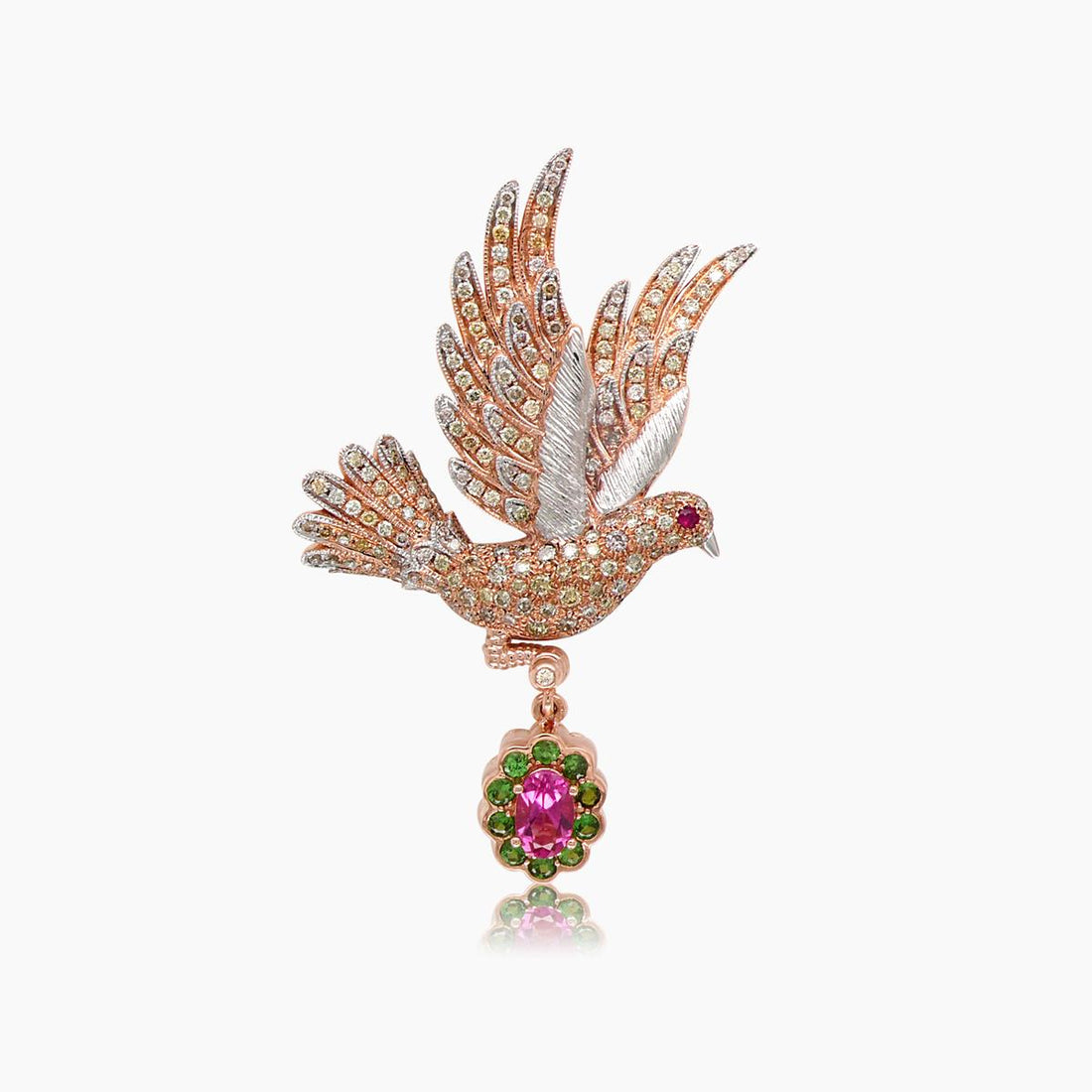 Dove Bird Multi Gemstone & Diamond 18K Rose Gold Pin Brooch