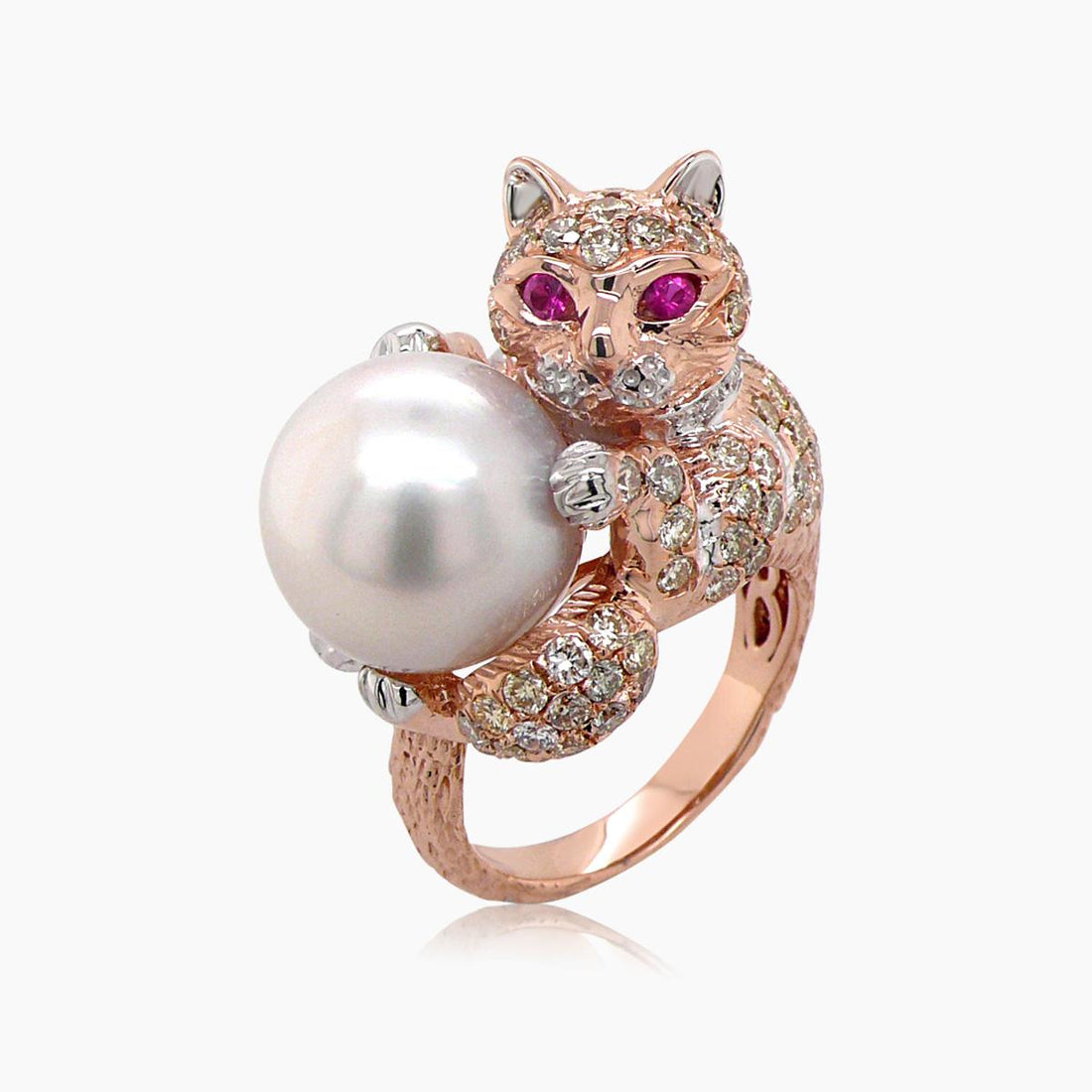 Cat Kitten Ruby & Diamond Pave & Pearl 18K Rose & White Gold Animal Ring