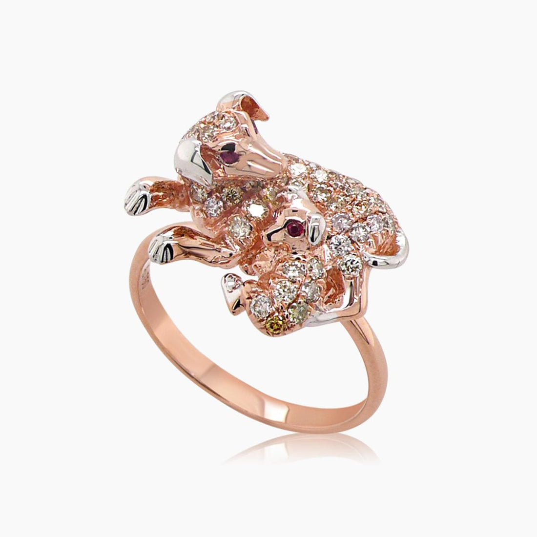 Dog Puppy Daschound Fancy Diamond & Ruby 18K Rose Gold Animal Ring