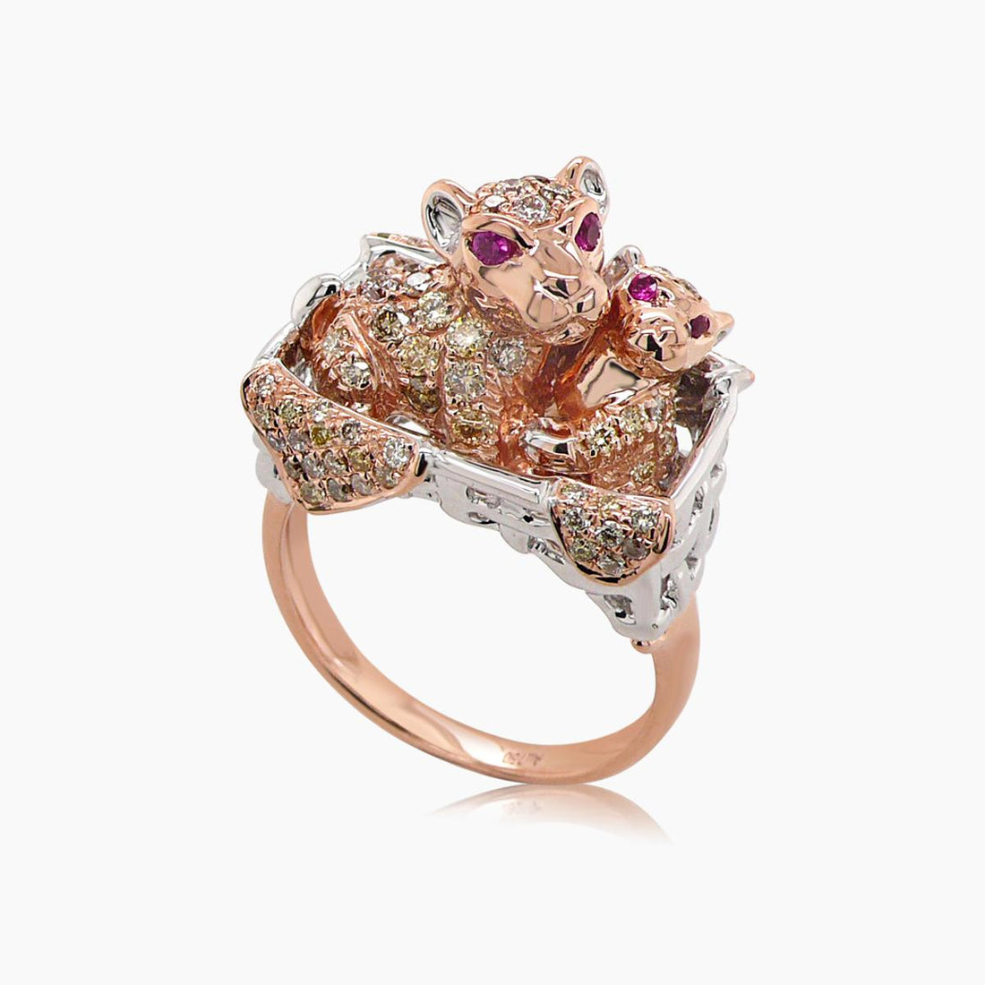 Leopards Lions Cat Kitten Cubs Fancy Diamond Ruby 18K Rose Gold Animal Ring