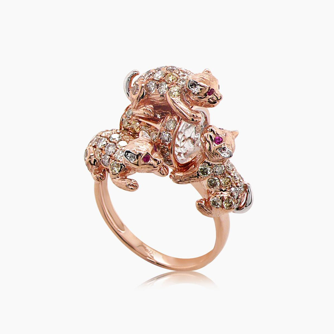 Cat Kittens Ruby & Diamond Pave & Pearl 18K Rose & White Gold Animal Ring