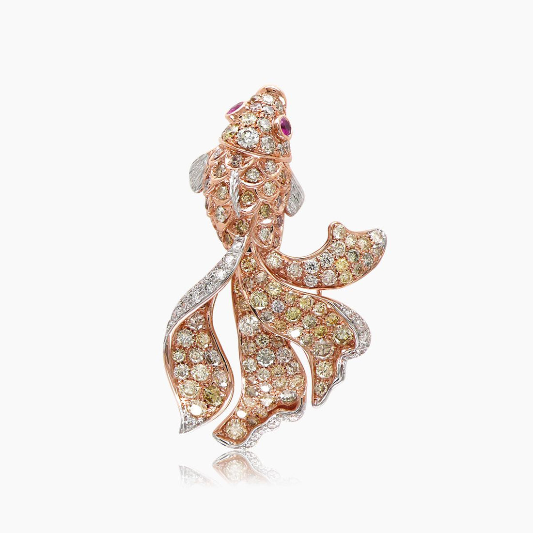Sea Fish White & Yellow Diamond Pave & Ruby 18K Rose Gold Animal Ring