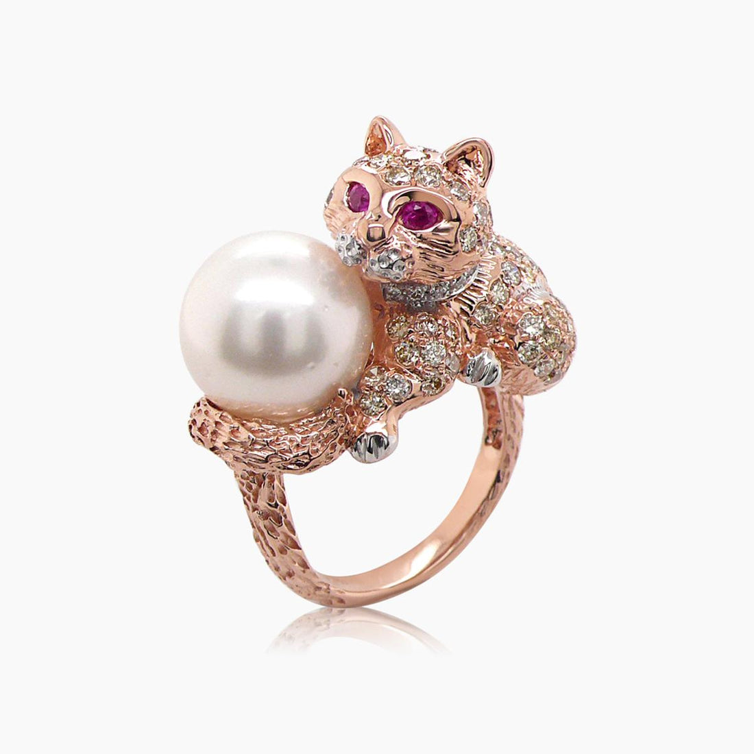 Cat Kitten Ruby & Diamond Pave & Pearl 18K Rose & White Gold Animal Ring