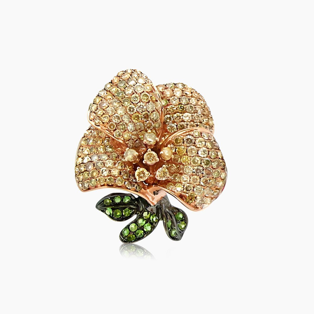 Fancy & White Diamond Pave Set Lilly Flower Floral 18K Rose Gold Ring