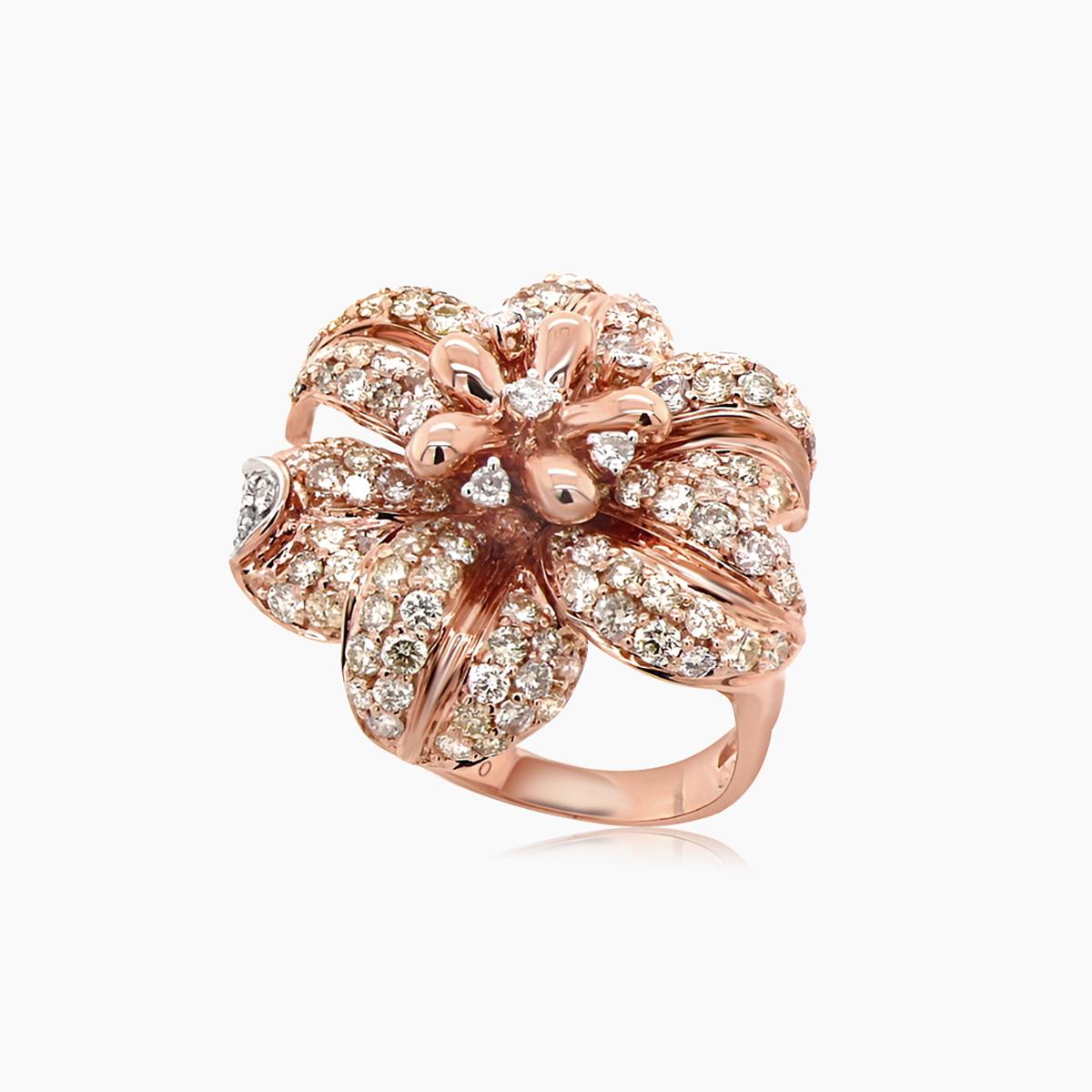 Fancy & White Diamond Pave Set Lilly Flower Floral 18K Rose Gold Ring