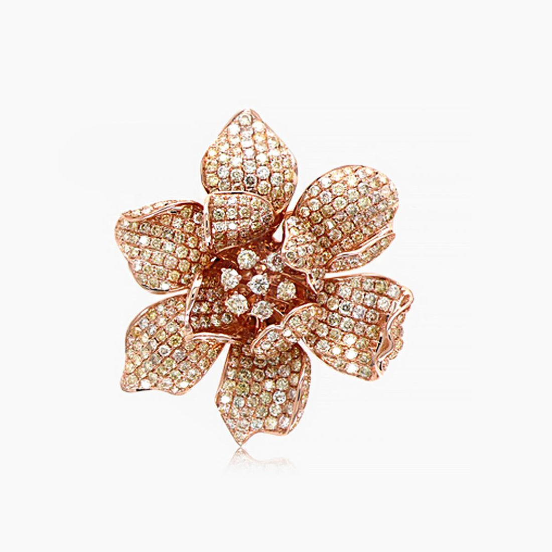 Fancy & White Diamond Pave Set Lilly Flower Floral 18K Rose Gold Ring