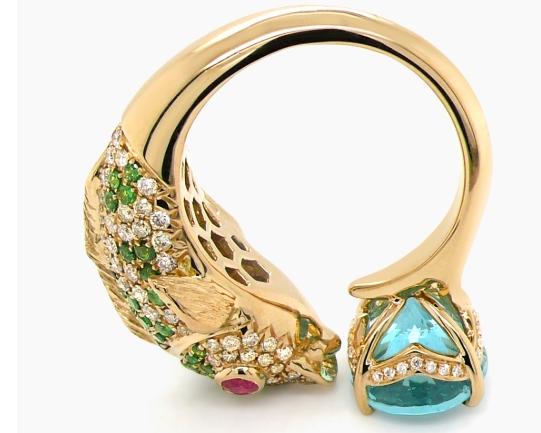 Koi Fish Blue Apatite & Ruby & Fancy Diamond & Green Garnet 18K Yellow Gold Ring