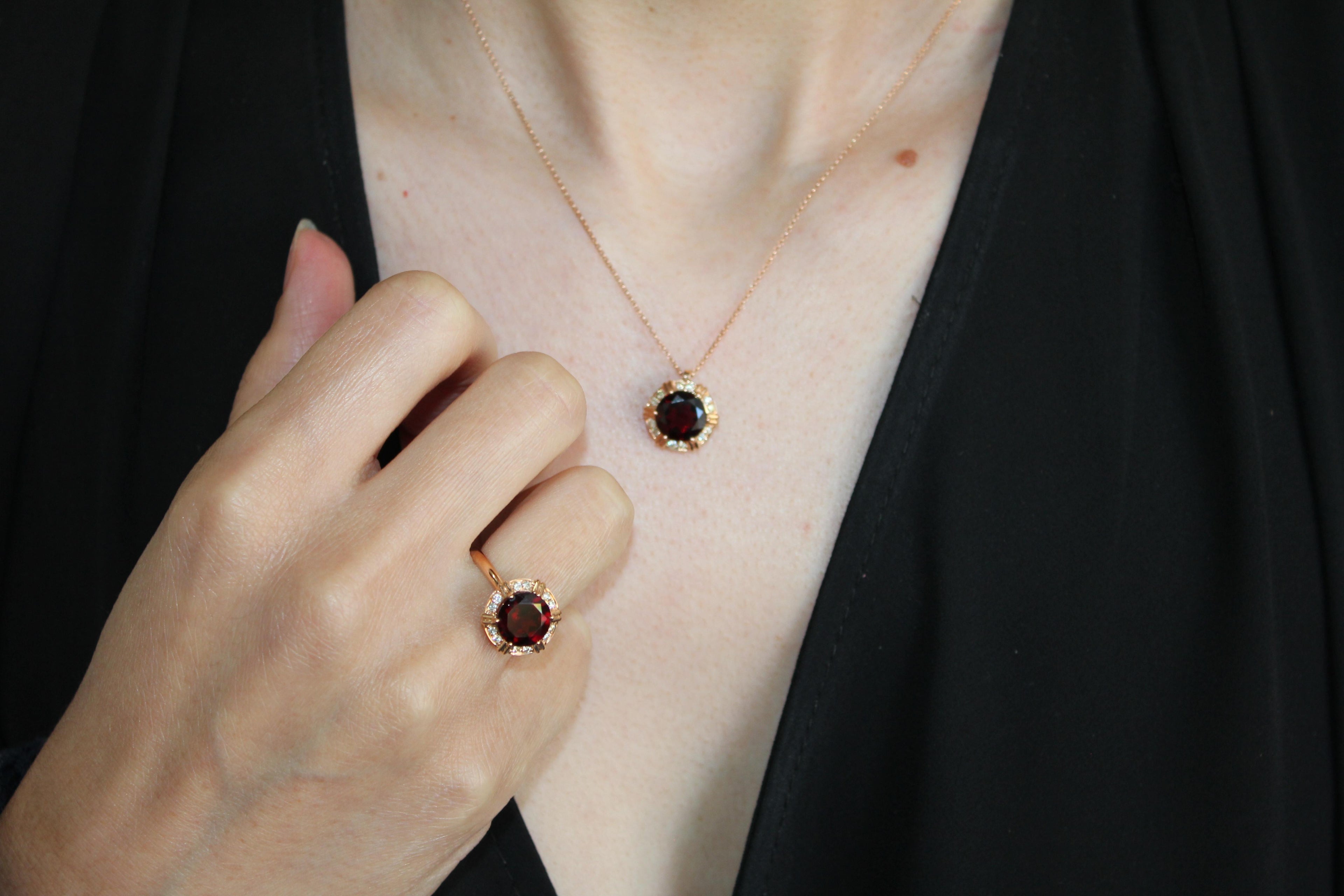 Fancy Round Red Garnet Diamond Halo 18 Karat Rose Gold Cocktail Statement Ring