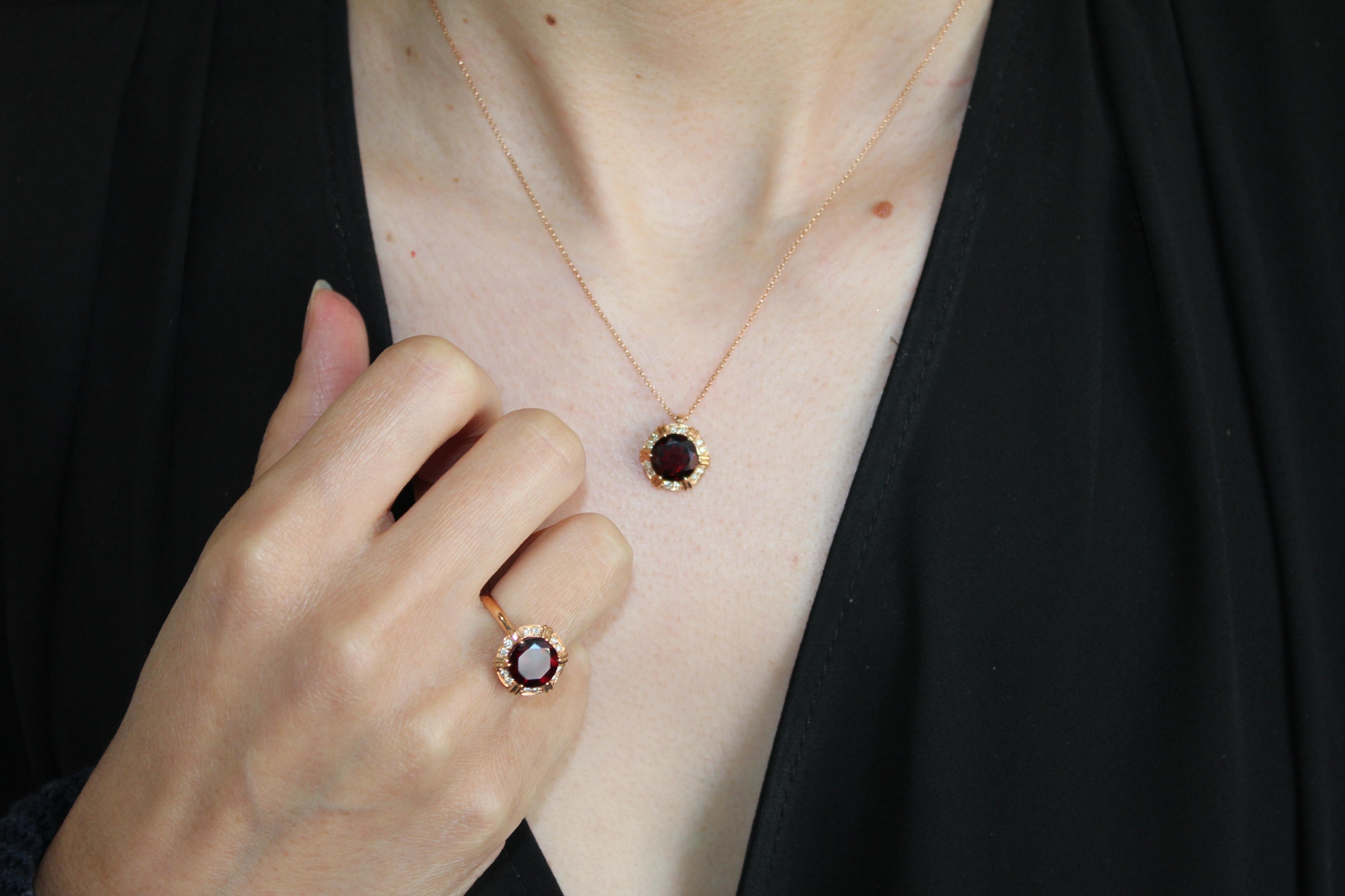 Fancy Round Red Garnet Diamond Halo 18 Karat Rose Gold Cocktail Statement Ring