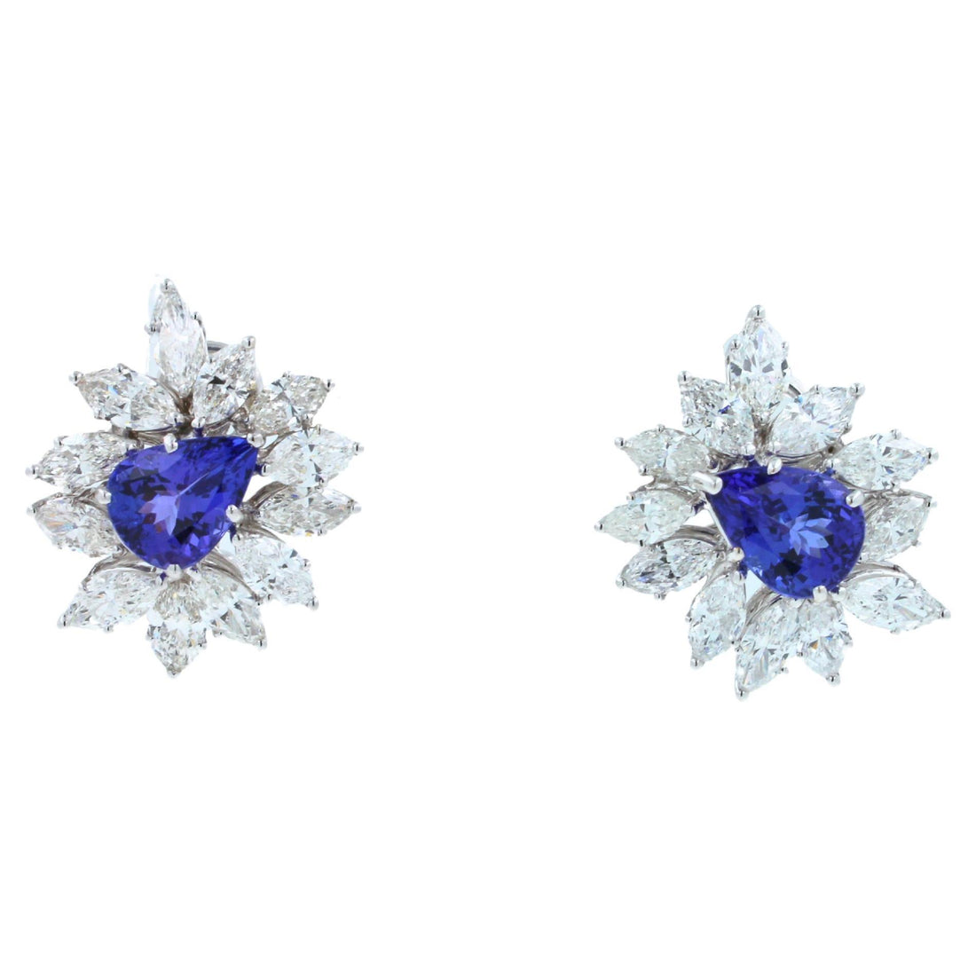 Fancy Tanzanite Pear Cut Drop Marquise Cluster Diamond 18k White Gold Earrings