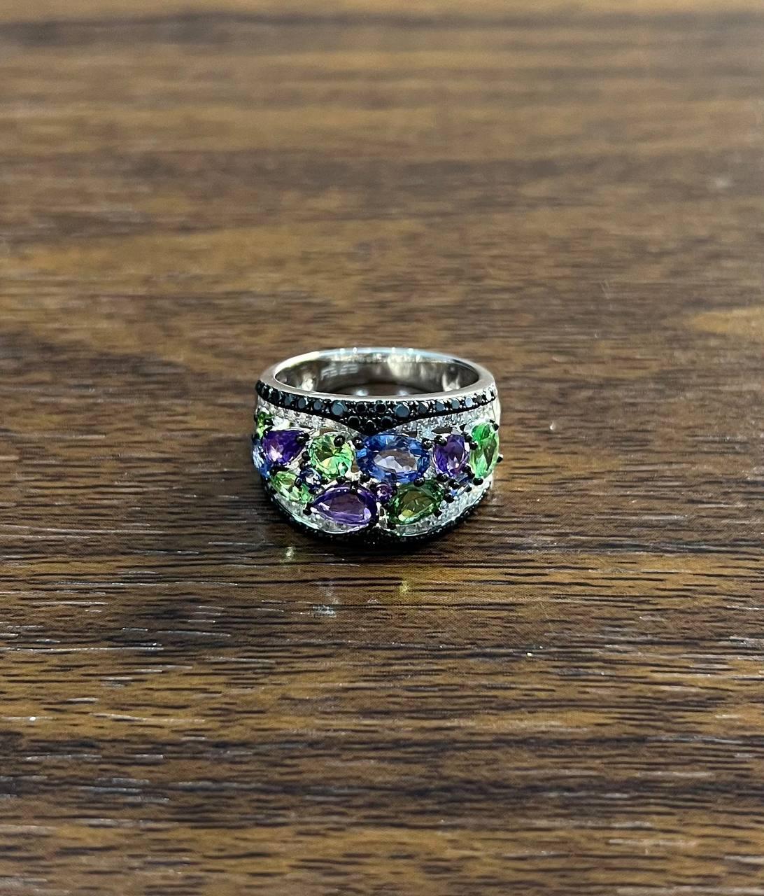 Purple Amethyst Green Tsavorite Blue Sapphire Black Diamonds 14K White Gold Ring